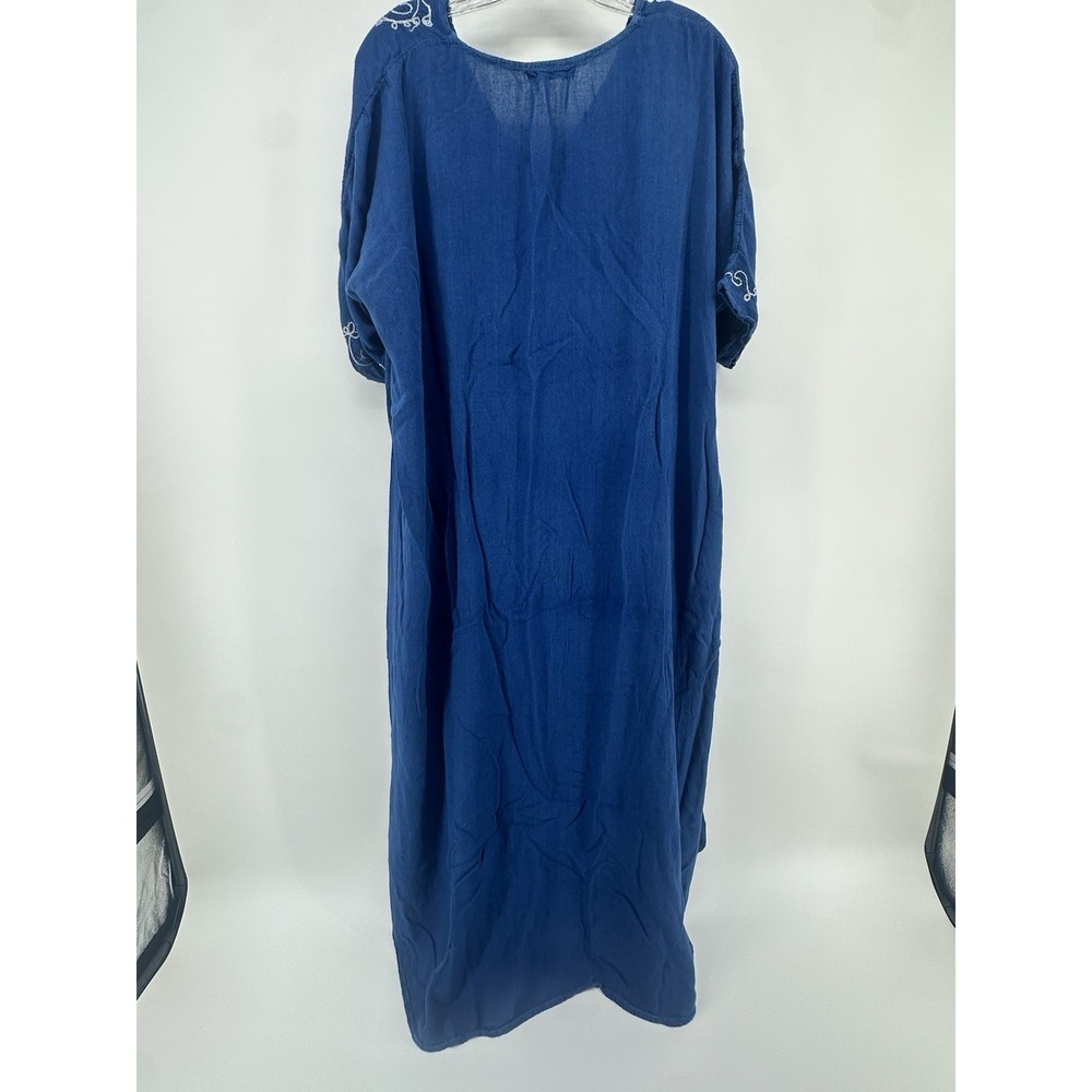 Blue Embroidered Boho Midi Dress Womens Loose Fit Caftan Peasant Beachy Flowy - Picture 9 of 9